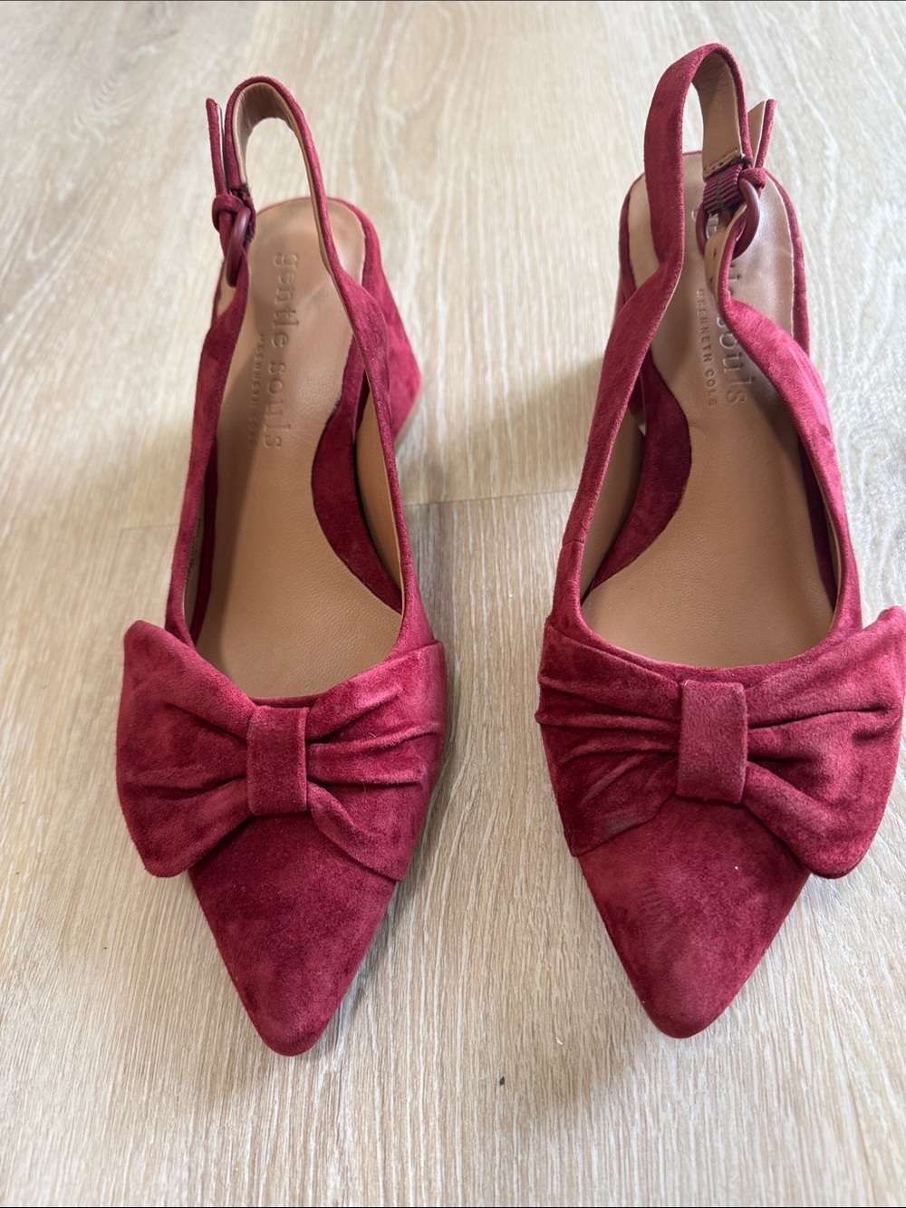 gentle souls Burgundy Suede Bow Pointed Slingback Flats